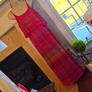 Sz M multicolored maxi dress with spaghetti straps. Flowy layer over the bodice.